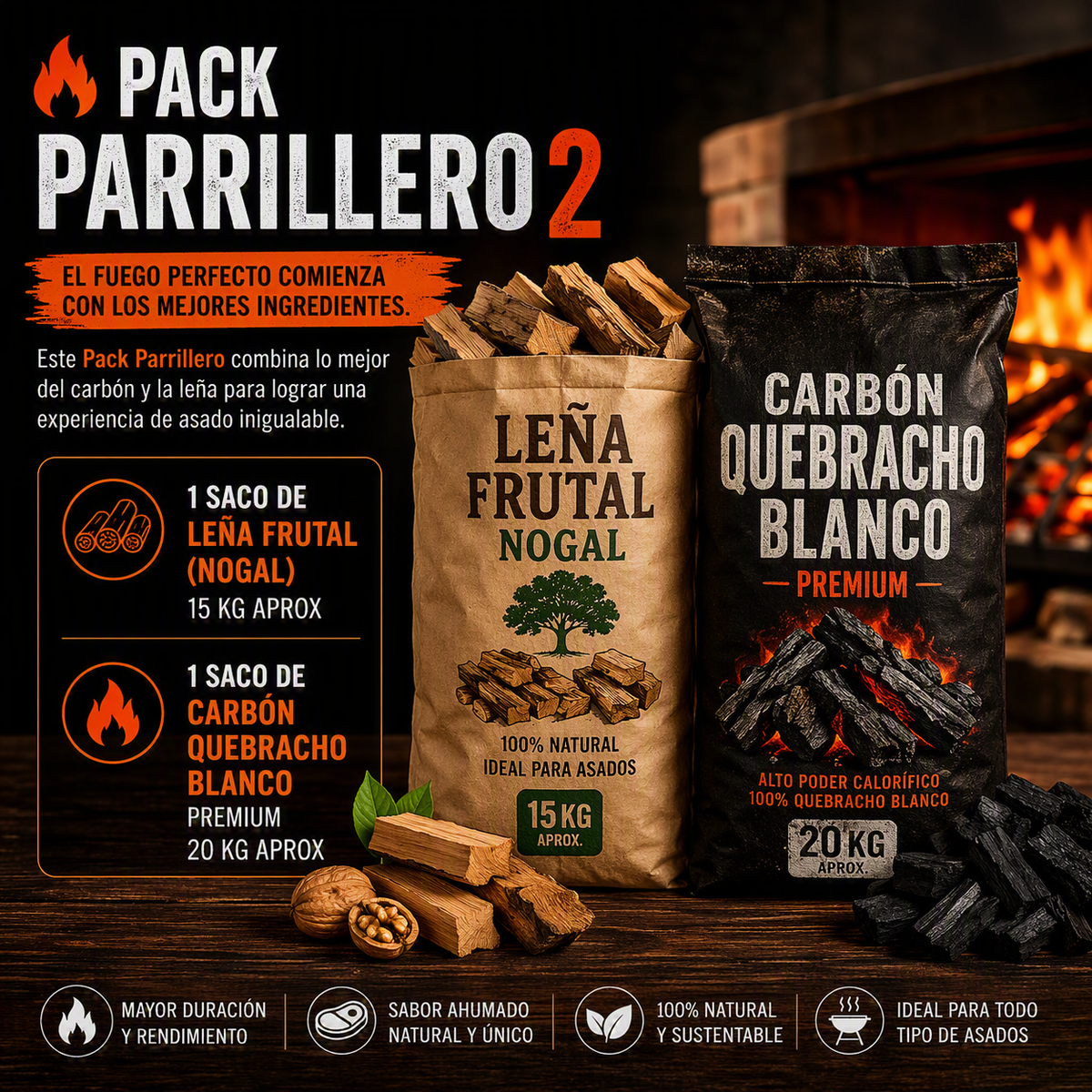 Pack Parrillero 2 (Carbon + leña de Nogal)